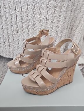 Women’s Beige Cork Wedge Sandals with Stud Detail